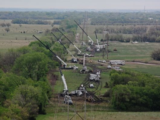 Aerial shot of transmission line repair
